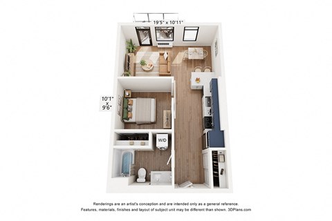 Floor plan for 1 bed, 1 bath, 595 sqft